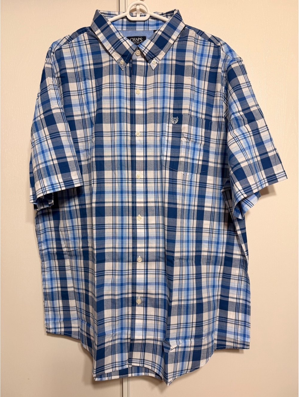 Chaps Men’s XXL Blue White Plaid Short Sleeve Button Down Shirt Easy Care